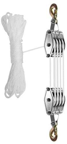 Lashing Rope Pulley, Block and Tackle Roller System - 4 Wheel Pulley Lifting Block Hoist | Save Effort, 65 Foot Rope Lifting Device, Pulley System, 8:1 Lifting Force