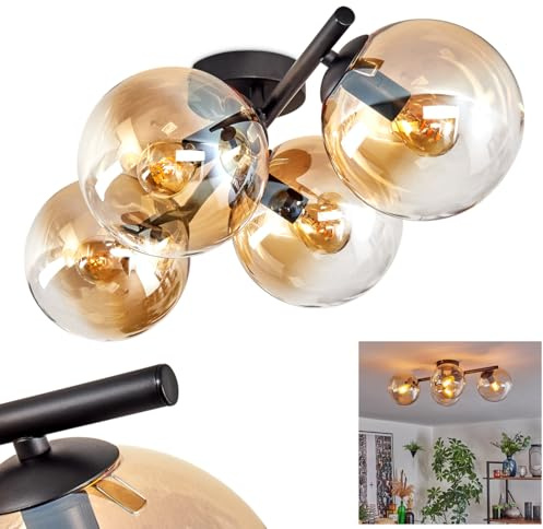 HOFSTEIN Deckenleuchte Gastor, 4-flammige Deckenlampe aus Metall/Glas in Schwarz/Bernsteinfarben/Klar, Leuchte im Retro/Vintage-Design (Schirme Ø 15 cm), E14, Esszimmer, Wohnzimmer, Küche, Flur