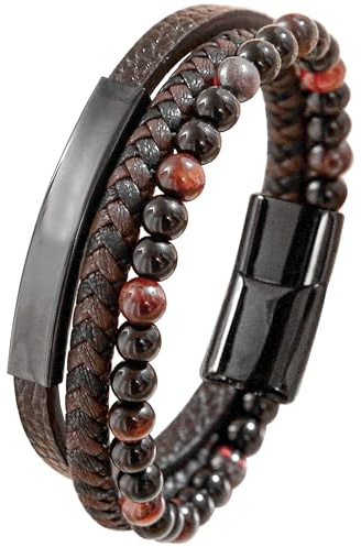 Mochity Läderarmband, 21 cm brunt svart blått herrarmband, herrstålarmband, flätat pärlarmband, herrsmycken, pärlläderarmband för pappa och herr, Moyenne, Läder, Rostfritt stål