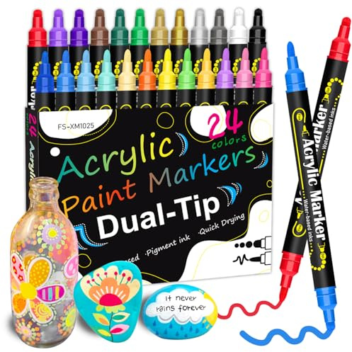 Alitastro 24 Colors Dual Tip Acrylic Paint Markers with Dot & Fine Markers | 1-2mm & 3mm Waterproof, Quick Dry Acrylic Markers for Wood, Rock Painting, Glass, Canvas, Stone, Fabric, DIY Art and Crafts