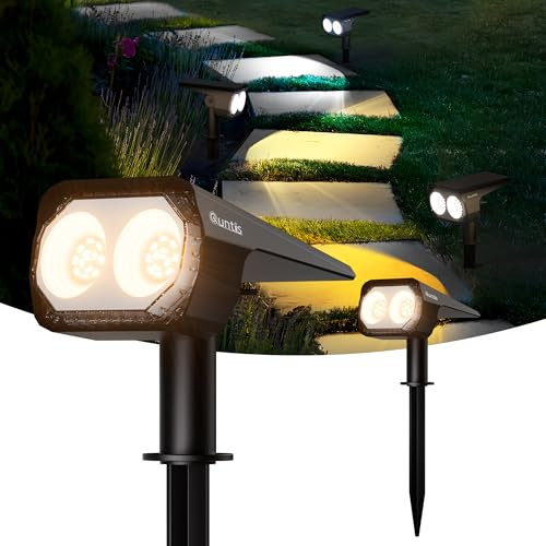 Quntis Lámparas Solares LED Exterior Jardin 2 Piezas, 3 Colores Focos LED Exterior Solares Potente Impermeable IP65, Luz Solar Iluminacion para Suelo, Patio, Caminos, Terraza, Césped