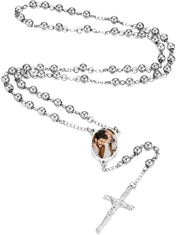MMXX Collana Rosario Personalizzato con Foto Testo per Uomini Donne Collana Croce Cattolica Grani di Preghiera Cattolici Personalizzati Ciondolo Crocifisso Regali Religiosi - Argento