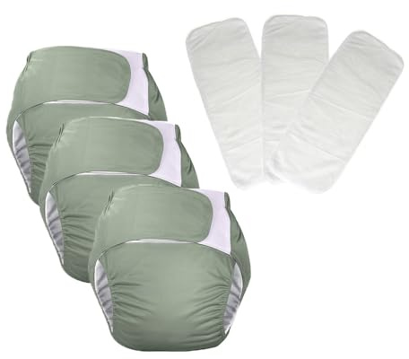 3 Pack Adult Cloth Diapers, Reusable Diaper Underwear, Washable, Elderly Care Protective Diaper, Adjustable Waist Circumference for Both Men and Women Green,XL