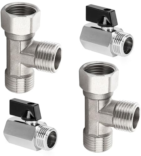 2 Piezas Mini Válvula de bola con Válvula en T, Alambres Internos y Externos de 4 Puntos, Giro de 90°, Conector de Agua en T de 1/2, Adecuada para Inodoros de Baños Domésticos (Plata)
