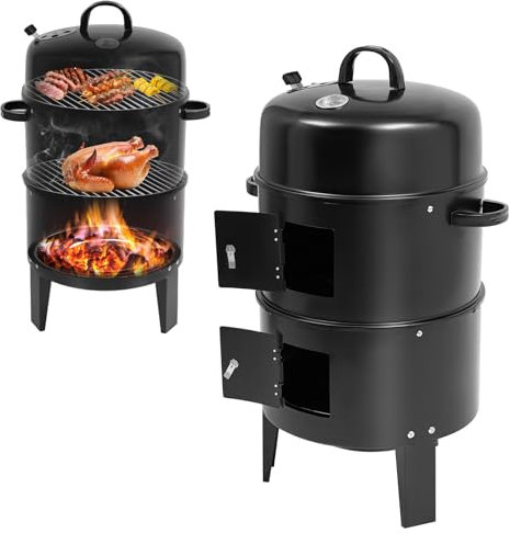 BRRIDE Forno per affumicare, 3 in 1, barbecue a carbonella, con coperchio e termometro, da giardino, rotondo, Ø 40 cm, 3 piani
