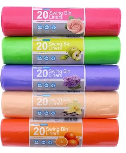 Blue Finch 100 bolsas de basura perfumadas con capacidad de 50 litros cada una con asas de amarre, perfectas para el uso diario en el hogar, oficina, cocina y baño, 5 colores y aromas, 5 rollos de 20