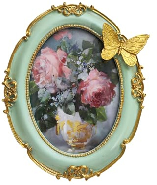 IELEPHONIX Vintage Resin Oval Picture Frame with Gold Baroque Details, Handcrafted Display, Butterfly Accent, Unique Decor,Floral Elegant Art Tabletop Decor, Wall Decor 5 * 7in 1PC (GREEN)