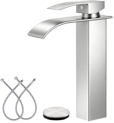 LIFG Brushed Nickel Vessel Sink Faucet, Tall Waterfall Bathroom Faucet, Single Handle One Hole Mixer Bowl Tap with Large Rectangular Spout, Bar Sink Faucet Lavatory Vanity