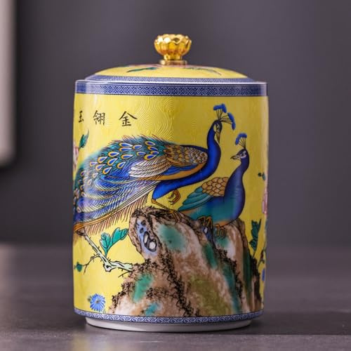 Chinese Ceramic Peacock Enamel Storage Jars with lids | Tea caddy, for tea, coffee, spices and sweets(Yellow,L)