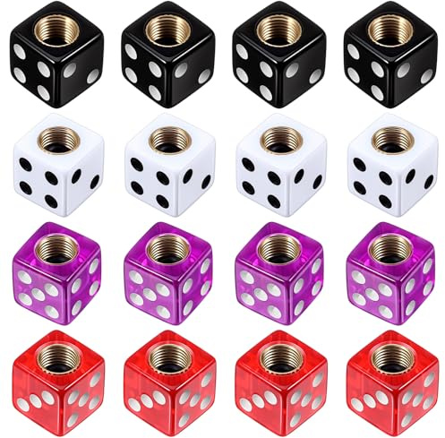 Guduling 16pcs Dice Tire Valve Caps, Dice Valve Stem Caps with Rubber Ring, Copper Core Tire Valves Caps Cute for Cars, SUV, Trucks, Bikes, Motorcycles, Bicycles (Black, White, Purple, Red)