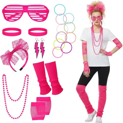 NieYat 80er Jahre Outfit Damen, 80er Jahre Accessoires mit Stirnband, Ohrringe, Netzhandschuhe, Beinwärmer, Streifengläser, Halskette und Armbänder, 8-teiliges Retro-Set für 80er und 90er Themenfeste