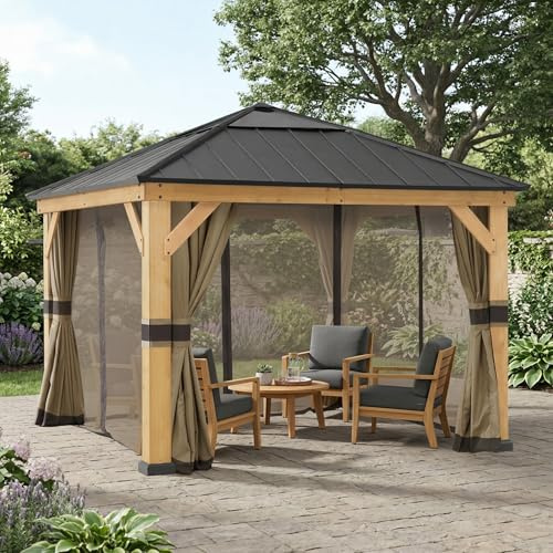 SUNJOY tonnelle bois 3,36x3,36 m avec puits de lumière translucide, toit rigide acier, poteaux 14 cm, incl. rideaux &moustiquaires, abri jardin extérieur résistant pluie & vent, pavillon terrasse&deck