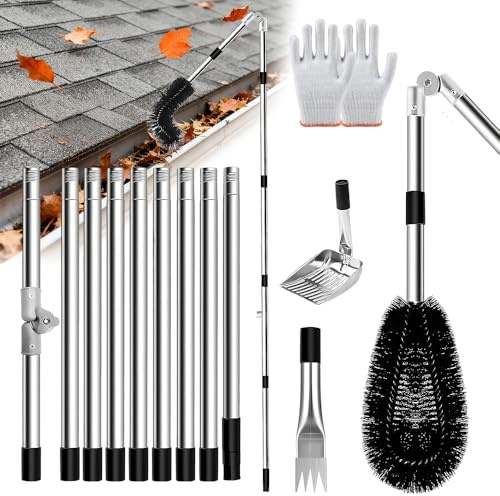 NAVESO Gutter Cleaning Tools, 4M/13FT Telescopic Gutter Cleaner kit with 180° Swivel Head,Brushe, Gutter Scoop, Gutters Rake and Gloves for Removes Leaf Debris,Spider Webs from Villas,Ditch,Gardens