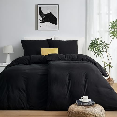 Duvetnova Bettwäsche Schwarz 135x200 4teilig Superweiche Vorgewaschene Mikrofaser Baumwollähnlich ÖKO-TEX 2 Bettbezüge 135 x 200+2 Kissenbezüge 80x80-alle mit Reißverschluss Schwarze Bettwäsche