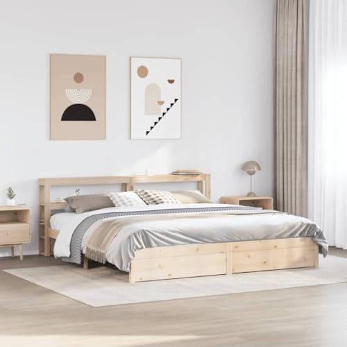 Mandloder Massives Kiefernholz Bettgestell 180x200 cm, Robustes Holzbett mit Kopfteil, integrierten Ablagen, Sperrholzlatten, ideal für Schlafzimmer, Erwachsene, Jugendliche, naturfarben