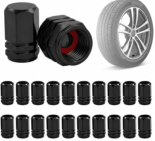 Stalora 20 pcs Tapones Rueda Coche de Aluminio, Tapones Valvula Rueda Coche Universales con Anillo Sellador Antifugas, Tapon Rueda Coche Alta Resistencia para Moto, Bicicleta, Patinete y SUV (Negro)