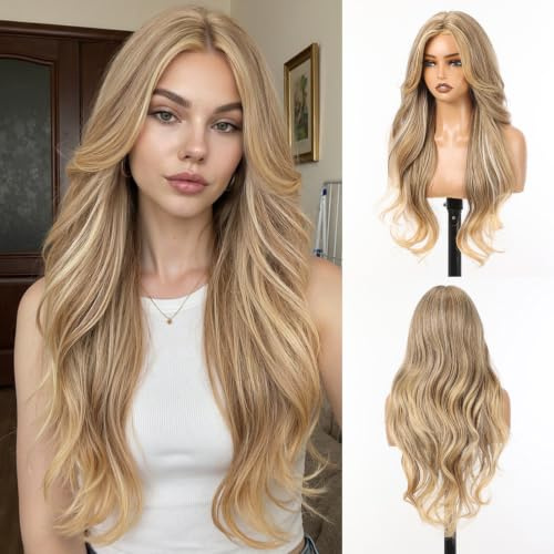 Allbell-brun ashblond ombre syntetisk nätperuk för kvinnor, 71 cm långa våglockar peruk med gardinpony, naturligt mitthår fäste limfri kylare modestil
