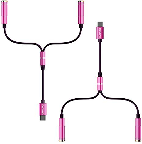EVOMIND Audio Splitter USB Typ C auf Dual Klinke Buchse 3.5mm [2x30CM] USB C Kabel Adapter Jack Splitter Sound und/oder Mikrofon fur Kopfhorer, Kompatible Xiaomi, Motorola Moto Z etc. - 2x30CM Pink