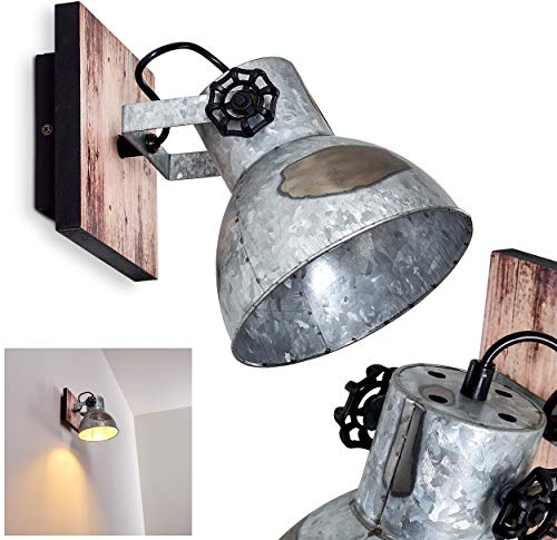 Wandleuchte Hora, verstellbare Wandlampe aus Stahl in Schwarz/Silber m. Holzoptik, 1-flammig, 1 x E27-Fassung, Wandspot im Retro/Vintage Design m. Gitter-Optik, ohne Leuchtmittel
