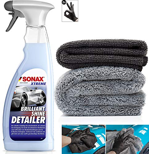 detailmate Trockenreinger Auto Set: Sonax Xtreme BrilliantShine Detailer, 750ml Sprühflasche + kurzfloriges Mikrofasertuch 320GSM + langfloriges Poliertuch 550GSM + Schutzhandschuhe