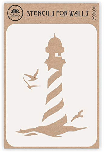 Leuchtturm Schablone, 16,51 x 24,13 cm (M) - Naive Sea Ocean Nautische Möwen Wandschablonen zum Malen Vorlage