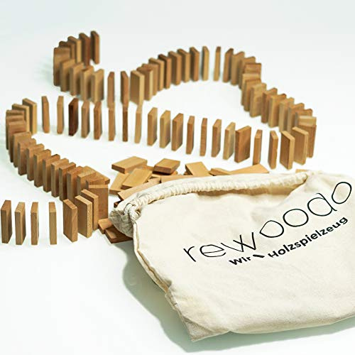 rewoodo Domino Dominosteine inkl. Baumwollbeutel und Aufbauhilfe mit Walnussöl veredelt - Premium Holzspielzeug Made in Germany