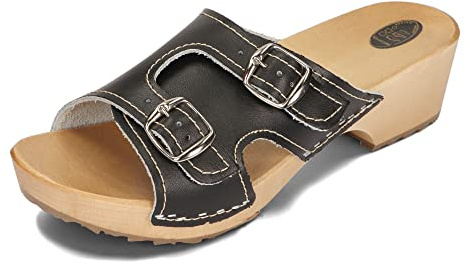 BeComfy Träpantoletter för kvinnor träskor med häl träskor sandalett läder trä sula trädgårdsträträträskor pantolett svart & vit 36–41 EU, - svart - 41 EU