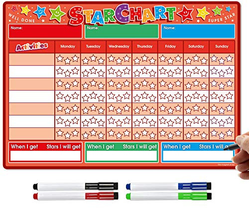 TMS magentische Belohnungstafel für Kinder, Sternentafel, um gutes Verhalten bei Kleinkindern, Kindern, Jungen und Mädchen zu fördern, mit 4 magnetischen farbigen Trockenlöschstiften (rot)