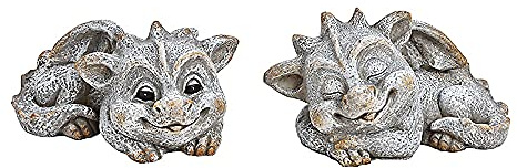 Namenlos Gartenfigur 2er Set Baby-Drachenfiguren, liegend, Steinoptik | Fantasy-Figur, Skulptur, Statue, Gartendeko, Deko-Figur, B 20 cm