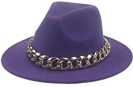 QBQZXAOSOWH Fedora Trilby Damenhut Breite Krempe Dicke Goldkette Beige Hüte Für Herren Damen Panama Cowboyhut Fedorahüte 56-58 cm (Erwachsene) Lila