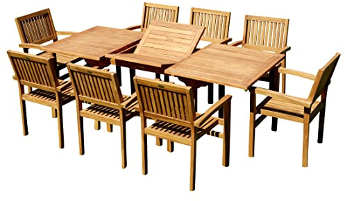 ALEOS. Teak Set: Gartengarnitur Ausziehtisch 150-210 cm x 90 cm + 8 Miami Sessel stapelbar 9-TLG. Essgruppe aus Teakholz
