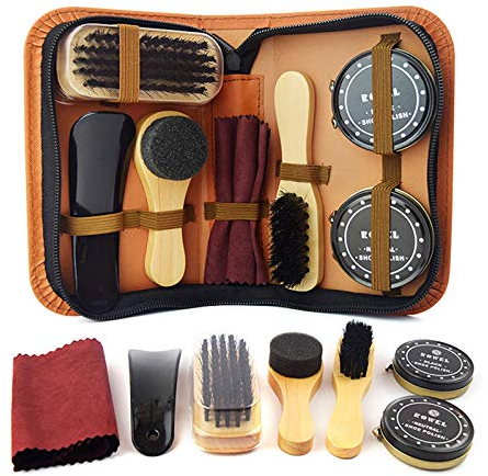 Frdun Kit d'entretien de chaussures pour chaussures de voyage, avec étui élégant en cuir synthétique pour homme