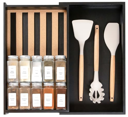 KitchenEdge Gewürzschubladen Organizer mit erweiterbarer Aufbewahrung, Platz für bis zu 15 Gewürzdosen (nicht im Lieferumfang enthalten), rutschfeste Füße, Küchenzubehöraufbewahrung, 100% nachhaltiges