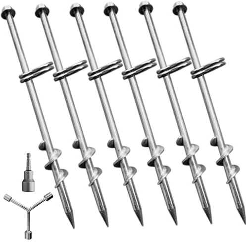 Fierywater Ground Anchors Screw in 6 Pack-12 Inch Double Arbitrary Direction Galvanized Tent Stakes Kit for Swing and Trampoline Set High Wind Solid Metal Hex Head Dog Tie Out Stake