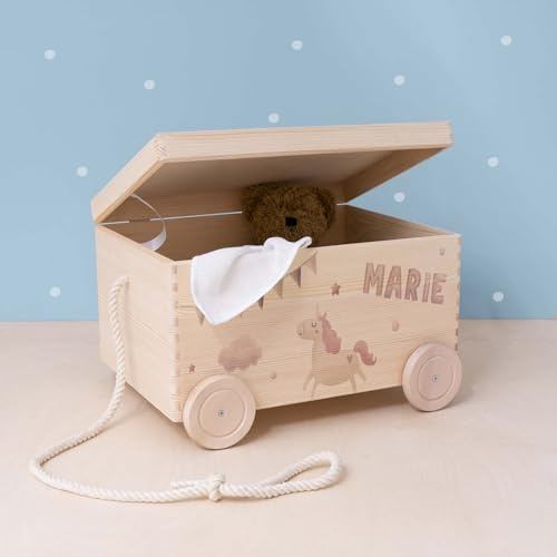 hellomini Personalisierte Spielzeugkiste aus Holz zur Aufbewahrung - Stapelkiste Holz - Spielzeugkiste Kinderzimmer - Personalisiertes Geschenk für Kinder (Einhorn)