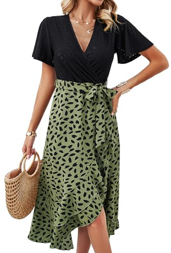 IFFEI Sommarklänning, dam, elegant, slits, boho, blomklänning, lätt, knälång, fritidsklänning med bälte, Grön, L