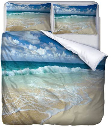 VACSAX Bettdeckenbezug 160x200Cm Bettwäsche Set 3 Teilig Bettbezüge 100% Mikrofaser 3D Muster Strand Wellen Landschaft Bettbezug Mit Reißverschluss Und 2 Kissenbezug 80x80Cm Weiche Wendebettwäsche