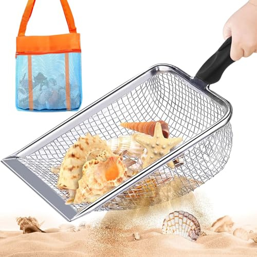 SOETDERT Sandschaufel Kinder, Strand Netz Schaufel mit Strandtasche, Sandspielzeug Tasche zum Sammeln, Metall Filter Schaufel, Strandspielzeug für Jungen Mädchen Aufheben von Muscheln