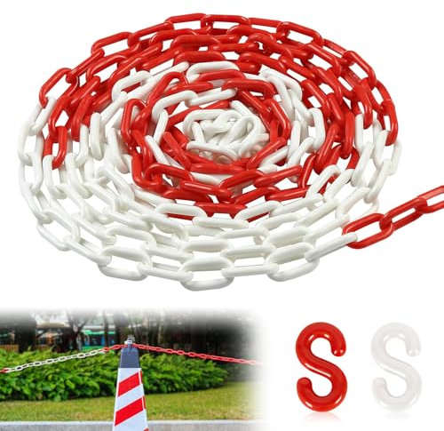 Chaîne de Barrage Délimitation Balisage en Plastique 10m x 6mm Rouge/Blanc avec 2 Crochets en S pour Utilisation Intérieure et Extérieure Barrière de Sécurité Poteau de garde-corps