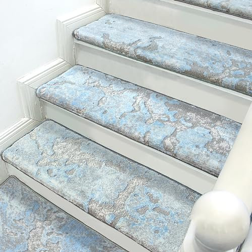 XRRJFYH Stufenmatten Innen Wiederverwendbar Treppenteppich Treppenstufen Matten 5 Stück Reppen Teppichstufen Teppich Treppenstufen(Blue,75X24cm)