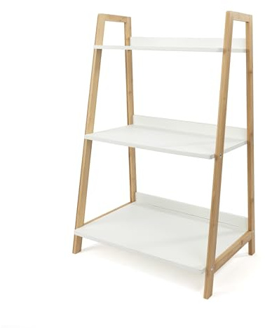 LIN HOME XZ-24514 Estantería de Madera y Bambú 3 Niveles 45x32x80cm - Pequeña Estantería Escalera Nórdica Multiuso de Color Blanco para Cocina, Baño, Salón