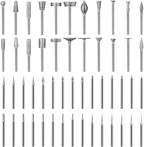 Diamond Grinding Bit Set 52Pcs, Diamond Burr Bits Compatible with Dremel, Rotary Tool Accessories 3mm Shank for Detail Polishing Engraving of Glass, Gemstones, Gade and Drilling of Pearls