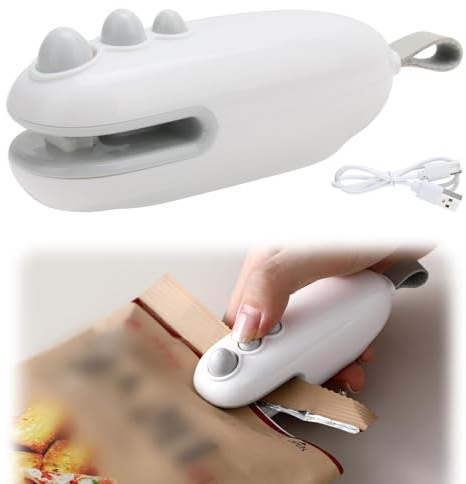 PRETTI Mini Bag Sealer and Cutter, Rechargeable Handheld Heat Sealer Machine with Magnetic Back, Portable USB Type-C Charge, Safety Lock, White - Keeps Food Fresh and Snacks Crisp