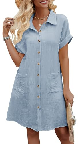 PASUDA Robe de Plage Femme Eté Robe Chemise à Manches Courtes Chic Elegant Cache Maillot de Bain Bikini Cover Up avec Bouton Col en V Longue Chemisiers Blouses (Bleu, XL)