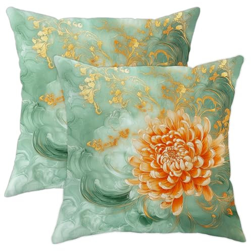 Set di 2 federe per cuscini quadrati con crisantemo, motivo floreale verde menta, decorative per casa, divano, letto, 50 x 50 cm