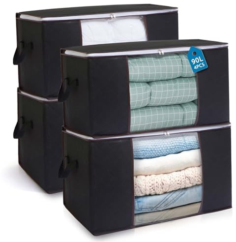 Boic 4 Pezzi Scatole Per Armadio 90L, Contenitori Per Armadio Salvaspazio, Contenitore Vestiti Pieghevoli Con Coperchio E Maniglia Scatole Per Vestiti Per Coperte, Biancheria Da Letto (Nero)