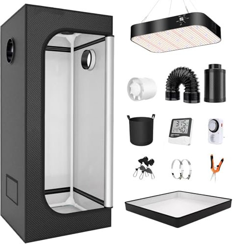 Complete Grow Tent Kit with 200W Dimmable Full Spectrum LED Lights, 50 * 50 * 120cm/19.7 * 19.7 * 47.2in, Black Light