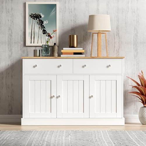 Merax Sideboard, Küchenschrank mit 2 Schubladen und 3 Türen, Buffetschrank mit Arbeitsplatte und Silbernen Griffen, Landhausstil, für Wohnzimmer, Esszimmer, Weiß+Holz, 120x36x80 cm