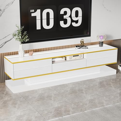 Gxffipw TV Schrank Länge 180 cm für Fernseher bis zu 75 Zoll, Lowboard mit Farbwechselnden LED Leuchten und 3 Schubladen, Fernsehschrank mit 1 Offenen Fach, Wohnzimmer Möbel TV Board, Weiß