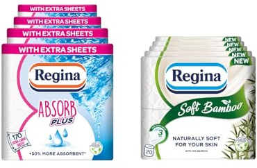 Regina Absorb Plus, 8 Rolls + Regina Soft Bamboo, 20 Rolls | 85 Sheets Per Roll, Extra Large and Absorbent Kitchen Towel, and 160 Naturally Soft Sheets of Toilet Tissue